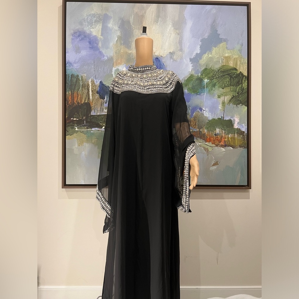 black chiffon Moroccan gown with crystal embroidery ,fully lined